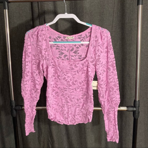 Revolve X Free People Long Distance Layering Long Sleeve Sheer Lace Top Pink NWT - Picture 4 of 8